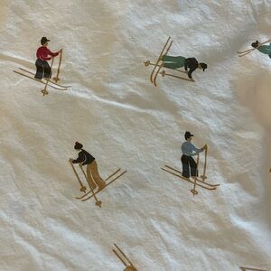 Favorite flat sheet Pottery Barn fits queen—perfect—skiers